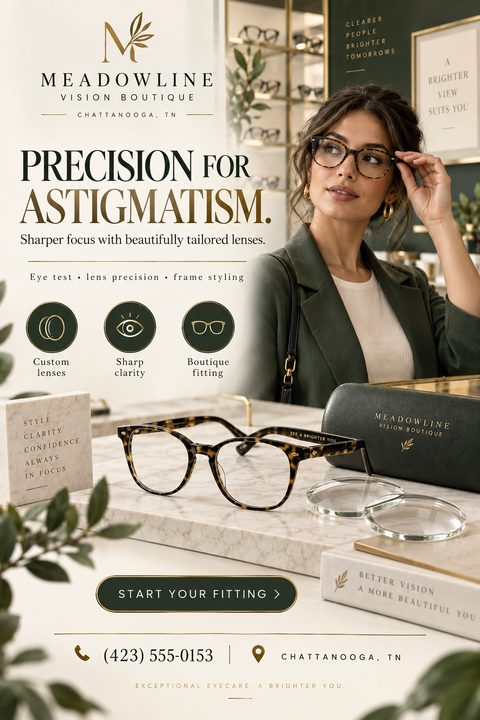 Flyer for an optometrist or vision boutique featuring a woman trying on tortoiseshell glasses and a close-up of glasses on a marble counter. Text reads 'Precision for Astigmatism' with icons for custom lenses, sharp clarity, and boutique fitting.