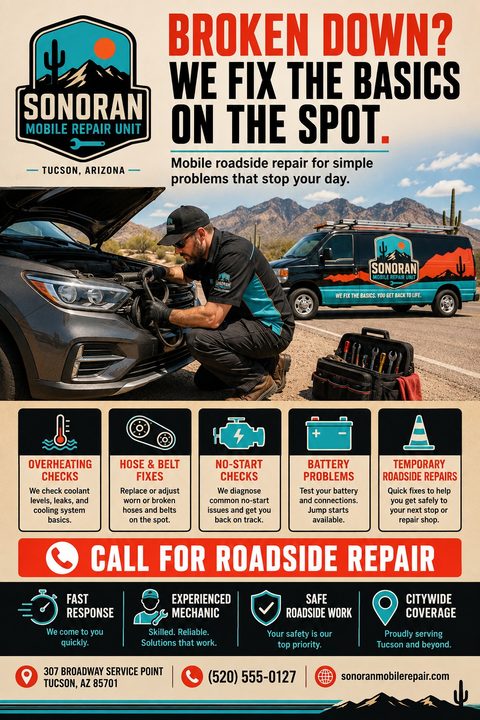 Flyer for a mobile mechanic business. Top half shows a mechanic working on a car engine on the side of a desert road with a branded van behind him. Text reads 'Broken Down? We fix the basics on the spot.' Bottom half lists services with icons.