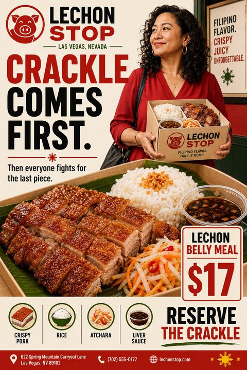 Flyer for Lechon Stop in Las Vegas featuring a woman holding a takeout box and a large close-up of crispy lechon belly with rice and sides. Text reads 'Crackle Comes First' and 'Lechon Belly Meal $17'.