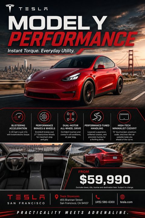 A sleek car sales flyer featuring a large red car driving near a bridge, with feature icons, interior shots, a price tag, and dealership contact information on a dark background.