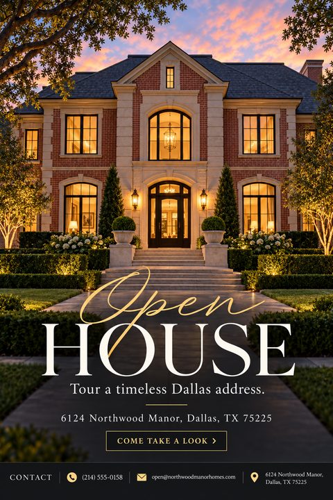 A luxury real estate open house flyer featuring a large brick mansion illuminated at twilight. Elegant script and serif text overlay the dark driveway, with contact details in a black footer.