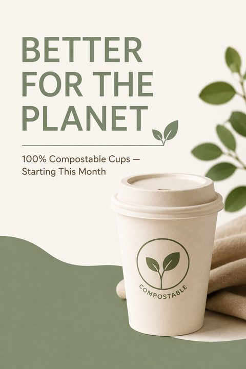 Flyer template with a beige background and a green wavy shape at the bottom. Text reads 'BETTER FOR THE PLANET' and '100% Compostable Cups - Starting This Month'. A photo shows a compostable coffee cup with a leaf logo.