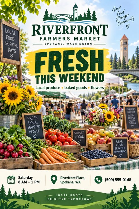 A flyer for a farmers market featuring a vibrant photo of fresh produce, sunflowers, and small chalkboards with positive messages. The text reads 'Fresh This Weekend' and includes event details.