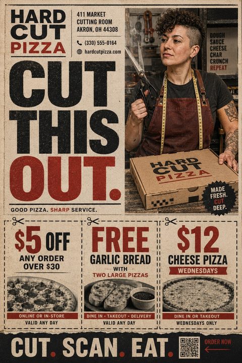 Vintage-style pizza flyer with bold text 'CUT THIS OUT.', a photo of a person holding scissors and a pizza box, and three tear-off coupons at the bottom for pizza and garlic bread deals.