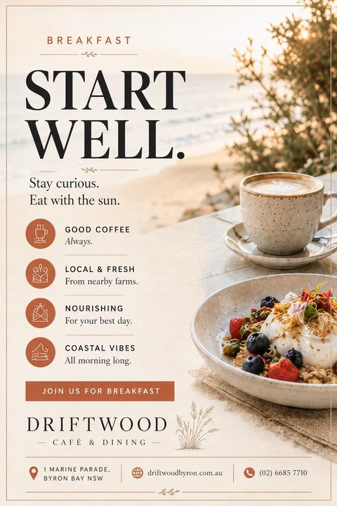 A coastal-themed breakfast flyer featuring a photo of a coffee cup and a healthy yogurt bowl on a table overlooking a sunny beach. Text highlights good coffee, local ingredients, and coastal vibes.