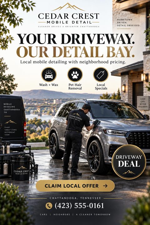 A mobile auto detailing flyer featuring a man polishing a silver SUV in a driveway. The design uses a black, white, and gold color scheme with service icons and a special offer badge.