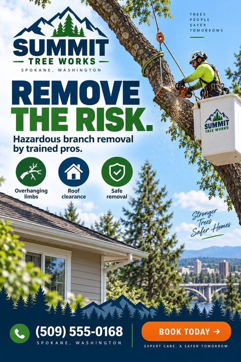 Flyer for a tree service company showing an arborist in a bucket truck cutting a large branch over a house. Text reads 'Remove the Risk. Hazardous branch removal by trained pros.'