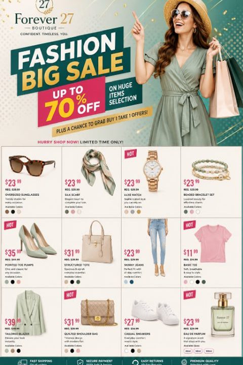 Fashion sale flyer with a woman holding shopping bags at the top and a grid of clothing and accessories with prices below.