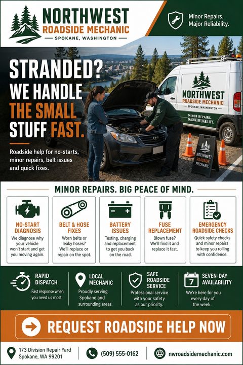 A flyer for a roadside mechanic business. The top half features a photo of a mechanic working on a car engine while the driver watches. The bottom half lists services with icons: no-start diagnosis, belt and hose fixes, battery issues, fuse.