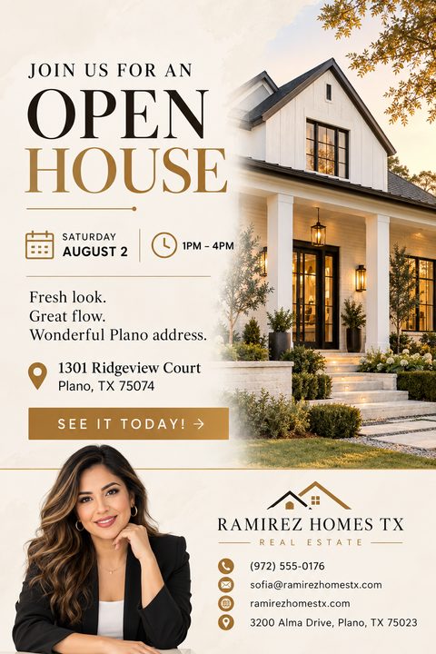 Open house flyer template with a large photo of a modern white house on the right. The left side has 'Join us for an Open House' in large text, event details, and a real estate agent's photo and contact information at the bottom.