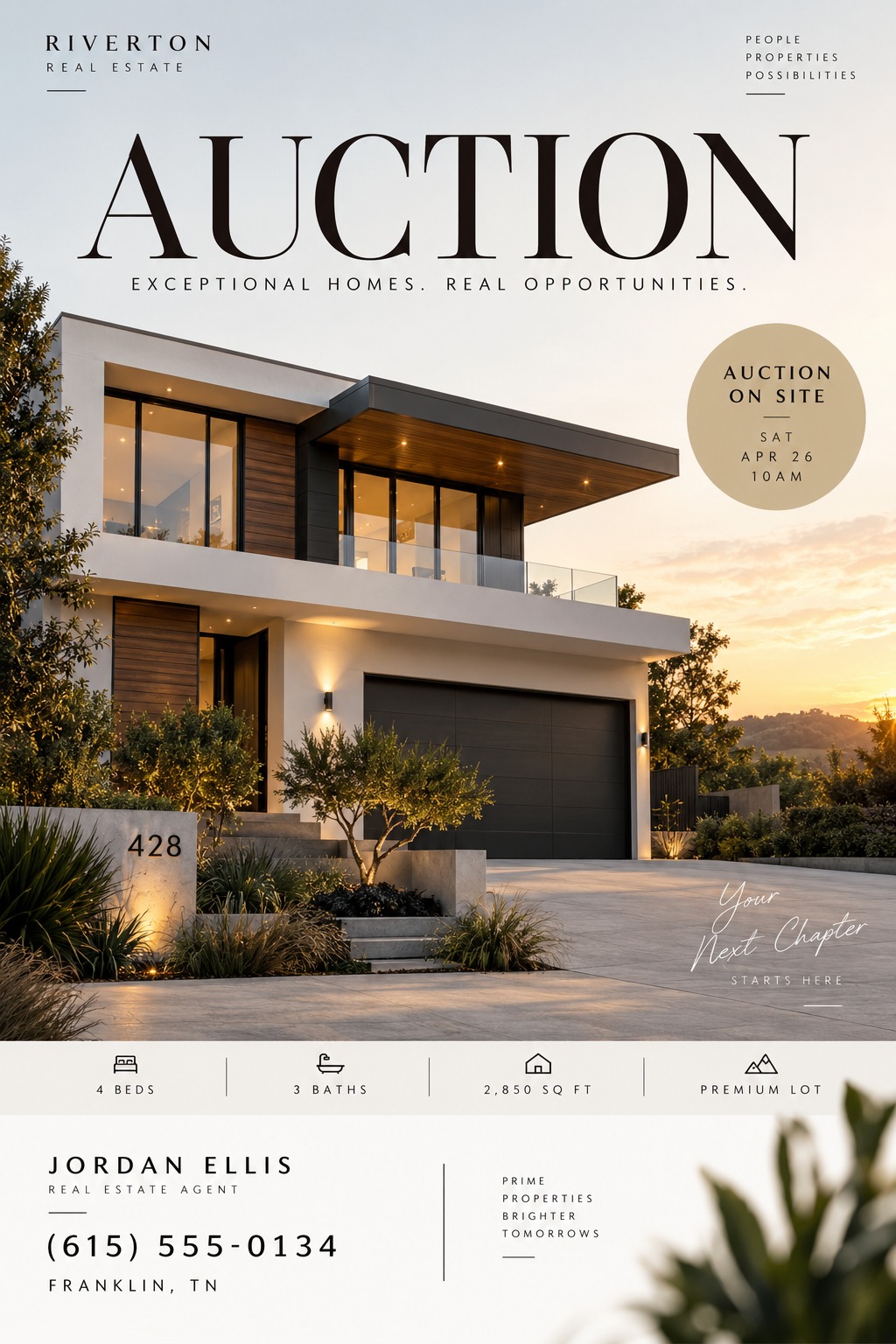 Real estate auction flyer featuring a large photo of a modern, two-story luxury home at sunset. Text reads 'AUCTION' with details for an on-site auction, property specs, and agent contact info.