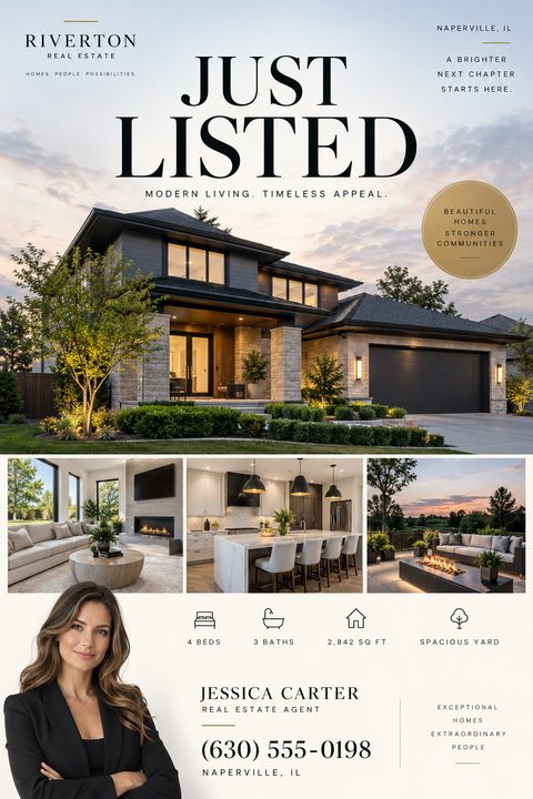 Real estate flyer template with 'Just Listed' headline, a large photo of a modern house exterior at dusk, three smaller interior photos, property details, and an agent headshot.