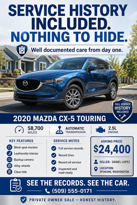 A flyer advertising a car for sale. The headline reads 'Service History Included. Nothing to Hide.' A large photo shows a blue SUV parked on a suburban street. Below are details like mileage, transmission, engine size, key features, service notes.