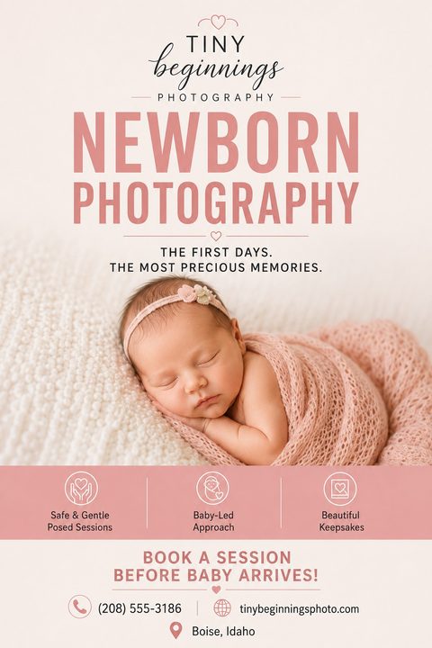 Flyer for newborn photography featuring a sleeping baby wrapped in a pink blanket. Text reads 'Newborn Photography' with service highlights and contact details.
