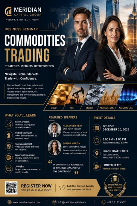 A professional navy blue and gold flyer for a commodities trading business seminar, featuring photos of two business professionals, commodity icons, speaker headshots, and event registration details.