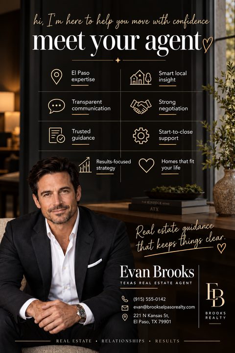 A dark-themed real estate agent introduction flyer featuring a large portrait of a man in a suit. Text reads 'meet your agent' with a grid of icons highlighting services like 'Smart local insight' and 'Strong negotiation'. Contact details are at the.