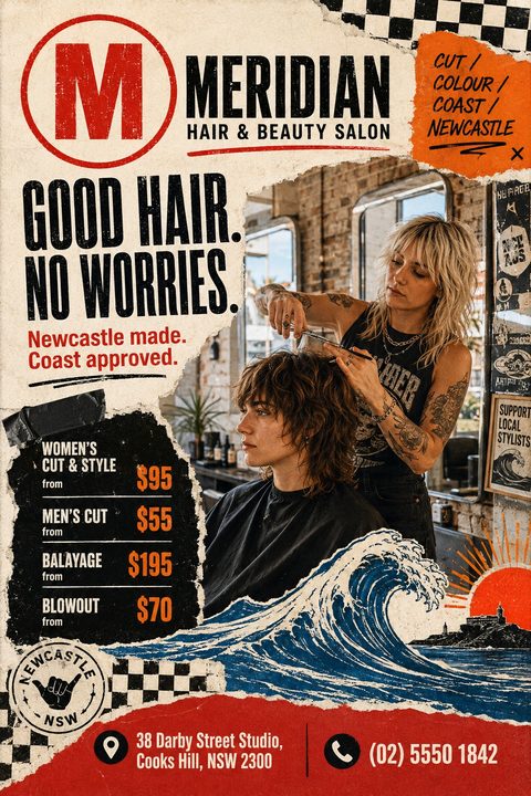 A vintage grunge-style hair salon flyer featuring a photo of a stylist cutting hair, framed by torn paper edges. It includes a price list, retro wave illustration, checkerboard patterns, and bold typography.