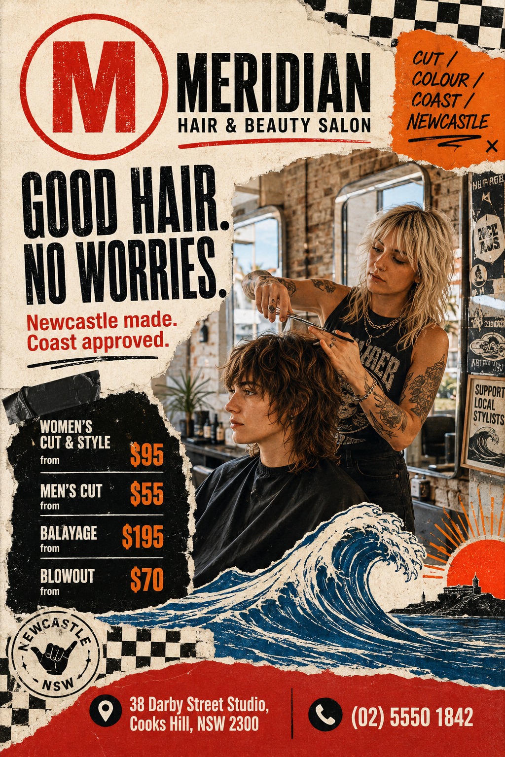 A vintage grunge-style hair salon flyer featuring a photo of a stylist cutting hair, framed by torn paper edges. It includes a price list, retro wave illustration, checkerboard patterns, and bold typography.