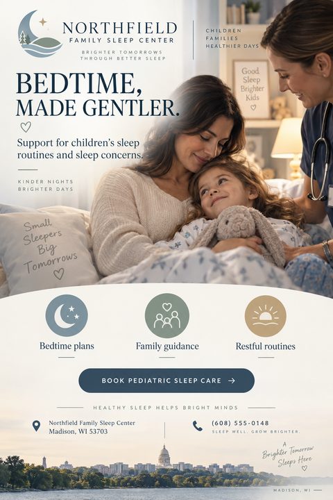 Flyer for a pediatric sleep center. A photo shows a mother and child in bed with a nurse. Text reads 'Bedtime, made gentler. Support for children's sleep routines and sleep concerns.' Icons highlight bedtime plans, family guidance, and restful.