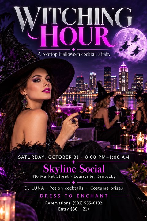 A glamorous woman in a black witch hat holds a purple cocktail against a nighttime city skyline. The flyer features bold purple and silver text promoting a rooftop Halloween cocktail affair.