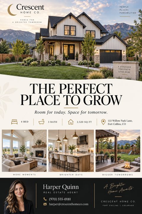 An elegant real estate listing flyer on a cream background, featuring a large modern farmhouse photo, three smaller interior and exterior shots, property details with icons, and a black agent profile footer.