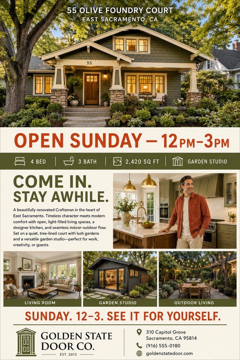 Real estate open house flyer featuring a large craftsman home exterior, an interior kitchen shot, and three smaller property thumbnails, styled with olive green banners and rust orange text on a cream background.