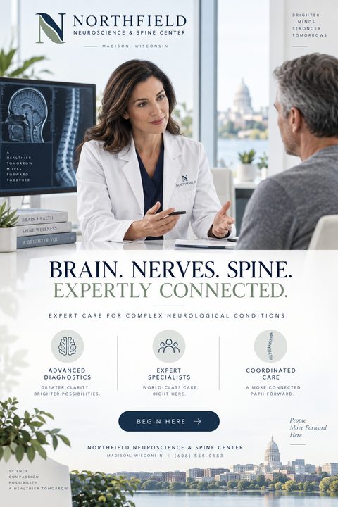 A medical flyer template for a neuroscience and spine center. The top half features a photo of a female doctor in a white coat consulting with a male patient in a bright office with a city view. The bottom half has a white background with navy and.