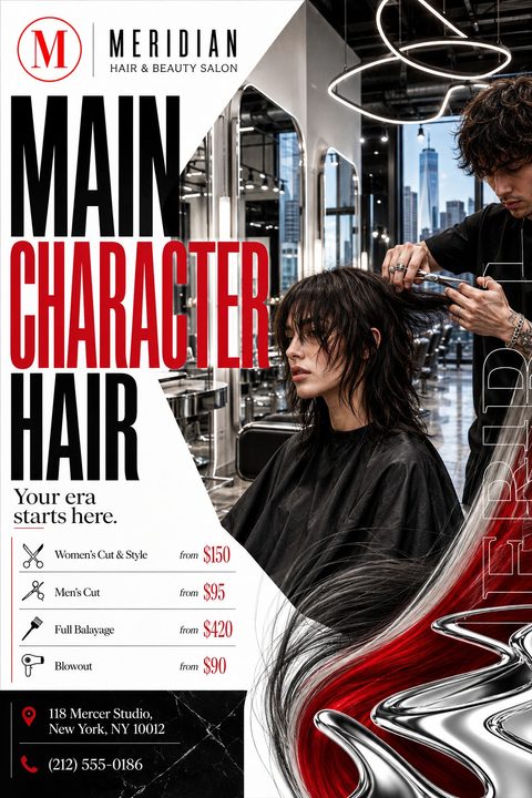 A hair salon flyer with the text 'MAIN CHARACTER HAIR' in large, bold black and red letters. It features a photo of a stylist cutting a woman's hair in a modern salon, alongside a price list for services like Women's Cut & Style, Men's Cut, Full.