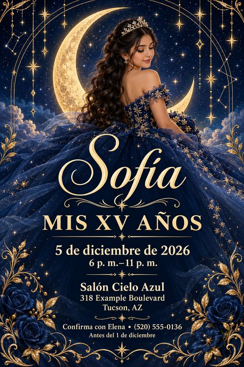 Quinceañera invitation flyer featuring a young woman in a voluminous navy blue gown with gold accents, standing before a large crescent moon and starry night sky. The text reads 'Sofia, Mis XV Años' with event details below.