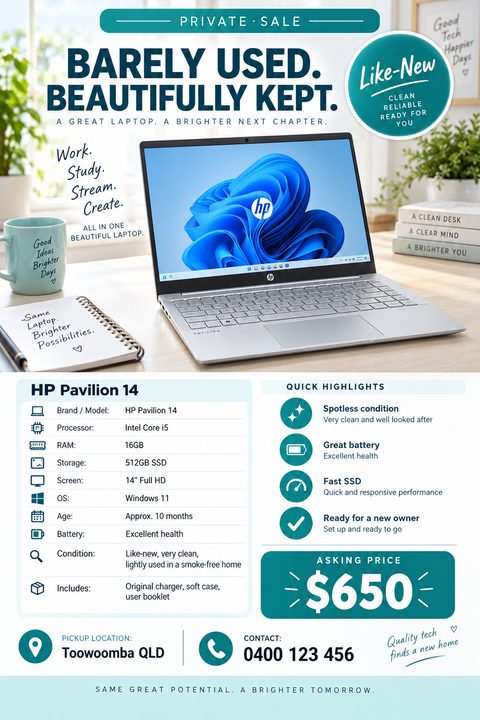 A flyer advertising a private sale for a laptop. The top half shows a photo of an HP laptop on a desk. The bottom half lists specifications, highlights, asking price of $650, and contact details.