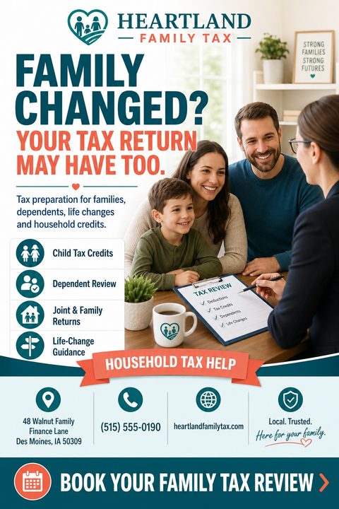 A flyer for Heartland Family Tax with a photo of a smiling family meeting with a tax professional. Text reads 'Family Changed? Your Tax Return May Have Too.' and lists services like Child Tax Credits and Dependent Review.