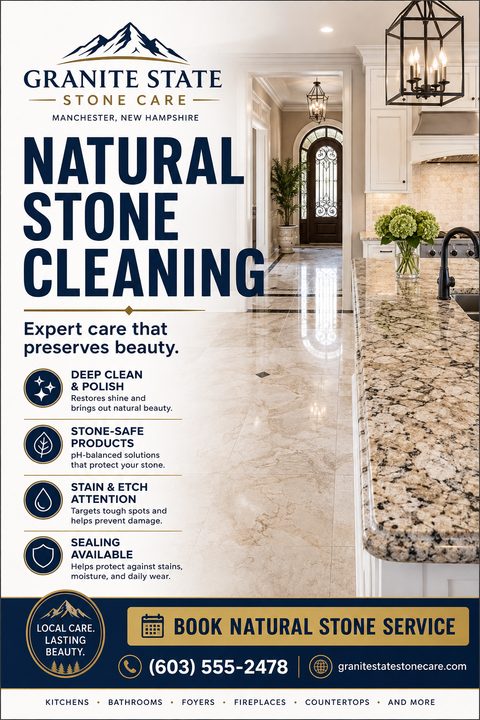 Flyer for Natural Stone Cleaning services. Features a large photo of a pristine kitchen with polished stone floors and granite countertops. Text highlights deep clean, stone-safe products, stain attention, and sealing.