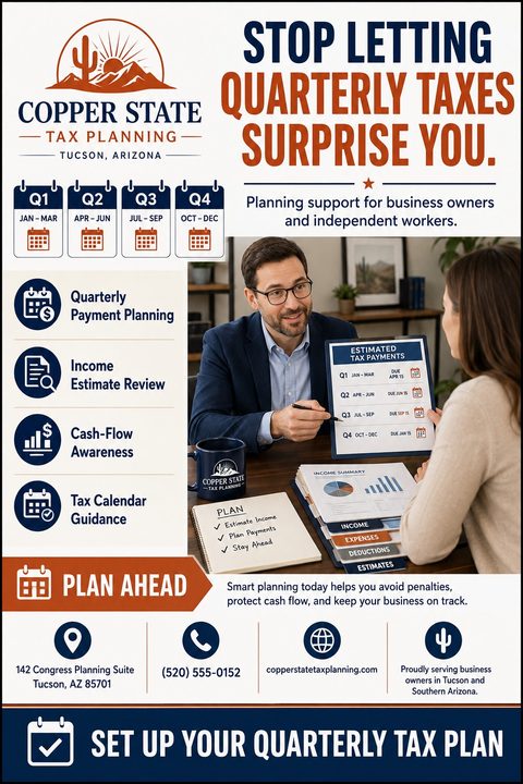 Flyer for Copper State Tax Planning titled 'Stop Letting Quarterly Taxes Surprise You'. Features a photo of a tax planner meeting with a client, along with icons detailing services like Quarterly Payment Planning and Income Estimate Review.