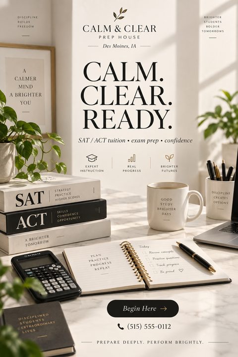 A flyer for an exam prep center. The background is a bright, sunlit desk with study materials like books labeled SAT and ACT, a calculator, a notebook, and a coffee mug. The text reads 'Calm. Clear. Ready. SAT / ACT tuition, exam prep, confidence.'