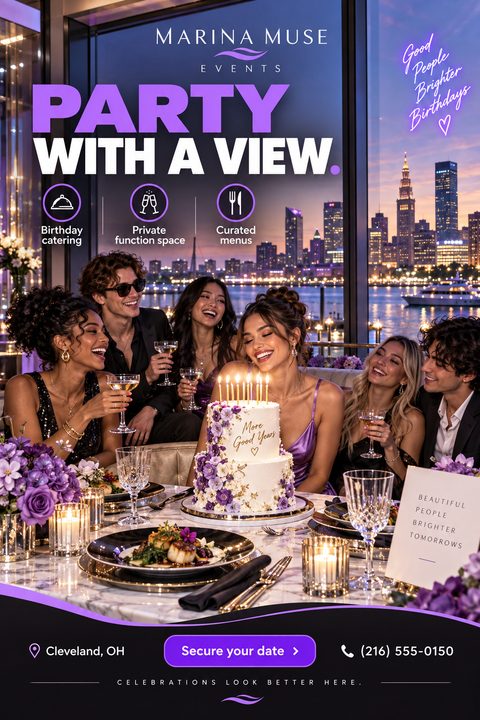 A flyer for Marina Muse Events titled 'Party With A View' featuring a group of friends celebrating a birthday with a cake and drinks against a city skyline at night. It highlights birthday catering, private function space, and curated menus.