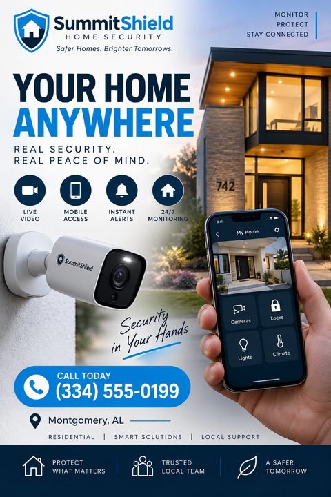 A home security flyer featuring a modern house at dusk, a mounted security camera, and a hand holding a smartphone displaying a smart home app. The design uses a clean blue and white color palette.