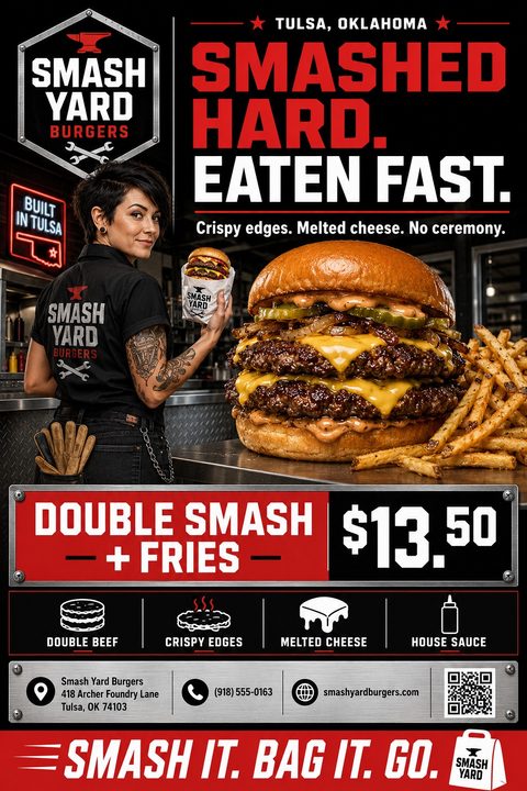 A bold, industrial-style flyer featuring a massive double cheeseburger and fries. It includes gritty metal textures, bright red typography, a tattooed worker holding a burger, and a promotional meal deal section.