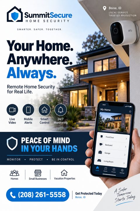 Home security flyer template with a modern house in the background, a security camera, and a hand holding a smartphone showing a security app. Text reads 'Your Home. Anywhere. Always.' and lists features like Live Video and 24/7 Monitoring.
