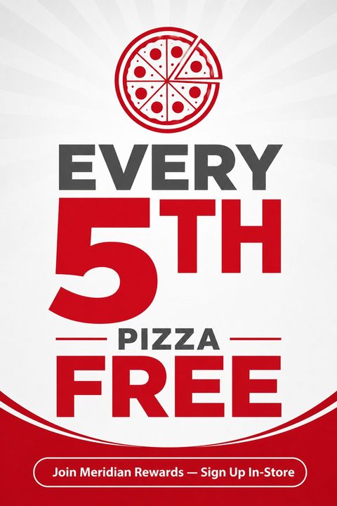 A flyer with a white background and subtle gray sunburst pattern. At the top is a red line-art icon of a pizza. Below, large text reads 'EVERY 5TH PIZZA FREE' in dark gray and bright red. At the bottom, a red curved section contains a white button.