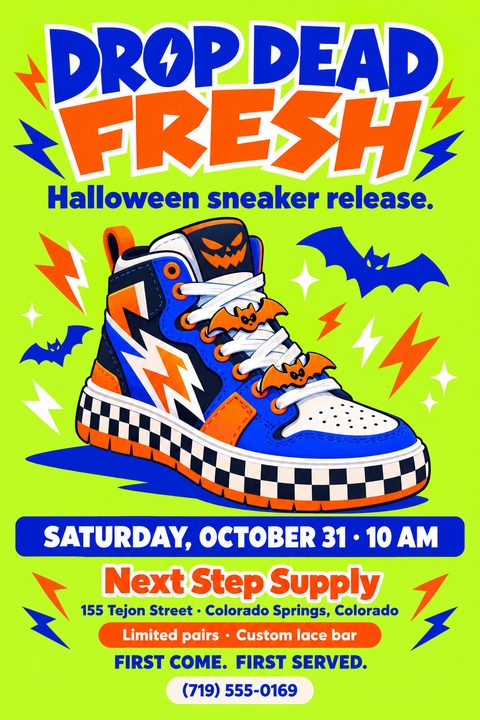A vibrant neon green flyer for a Halloween sneaker release, featuring a graphic illustration of a blue, orange, and black high-top sneaker decorated with bats and lightning bolts.