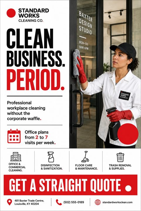 Commercial cleaning flyer template with a photo of a cleaner wiping a glass door. Bold text reads 'Clean Business. Period.' Includes icons for office cleaning, disinfection, floor care, and trash removal.