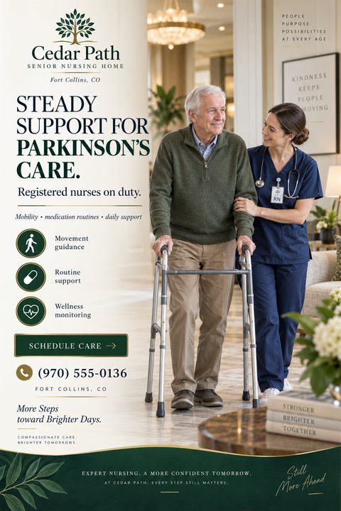 A professional flyer for a senior nursing home featuring a photo of a nurse assisting an elderly man with a walker. The design uses cream backgrounds with elegant dark green and gold accents.