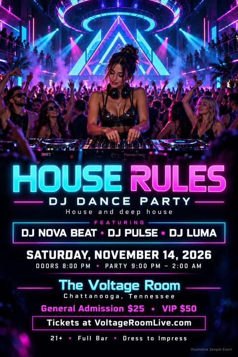 A vibrant nightclub flyer featuring a female DJ mixing music in front of a dancing crowd. The design uses bright neon cyan and magenta typography against a dark background.