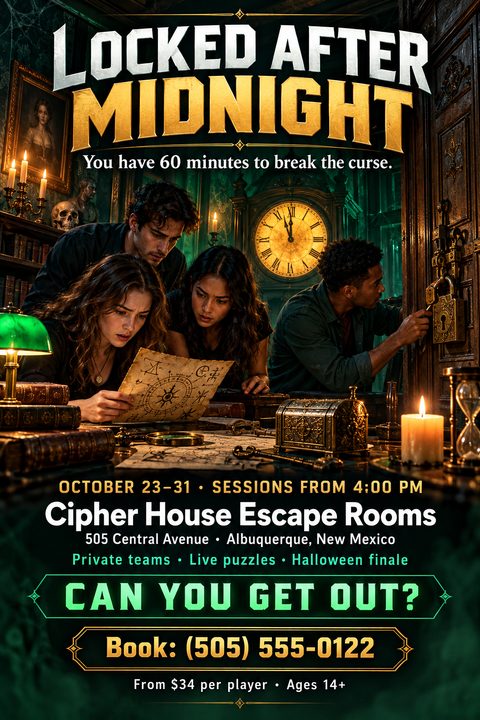 A dark, atmospheric flyer for an escape room featuring four people examining a cryptic map in a dimly lit, antique-filled room with a large clock nearing midnight.