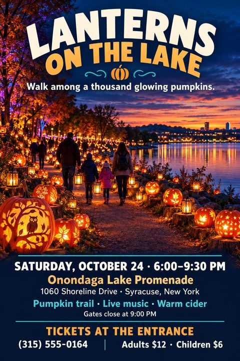 A family walks along a lakeside path at sunset, surrounded by hundreds of glowing, intricately carved jack-o'-lanterns. The flyer features bold, playful typography for event details over a dark blue footer.