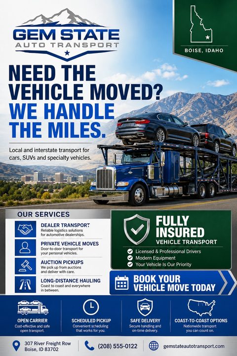 A flyer for Gem State Auto Transport featuring a blue semi-truck carrying cars on a highway with mountains in the background. Text reads 'Need the vehicle moved? We handle the miles.' and lists services like dealer transport and auction pickups.