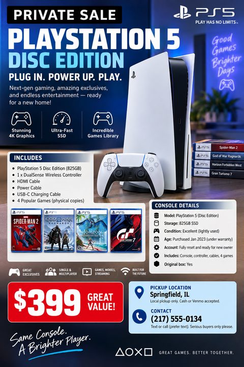 A flyer advertising a private sale for a PlayStation 5 Disc Edition. It features a large image of the console and controller, lists included items like games and cables, details console specs, and shows a price of $399 with contact info.