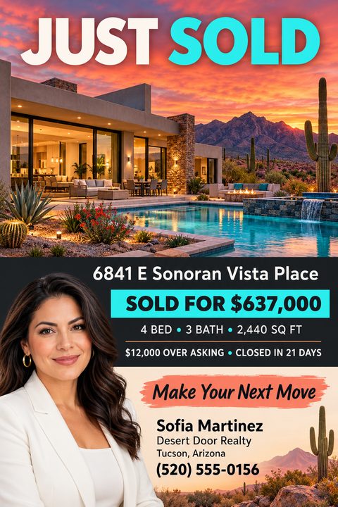 A real estate 'Just Sold' flyer featuring a large photo of a modern desert home with a pool at sunset, bold cyan text, an agent headshot, and sale details over a dark background.