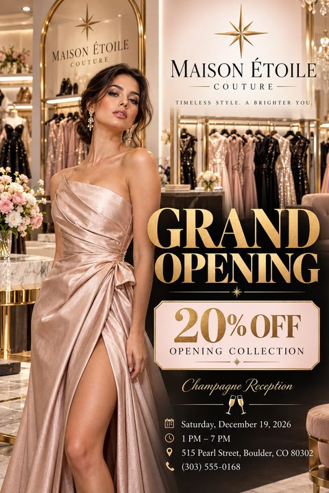 Elegant boutique grand opening flyer featuring a woman in a champagne gown. Large gold text announces the event and a 20% off promotion over a sleek black background panel.