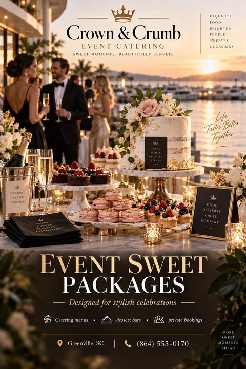 A flyer for Crown & Crumb Event Catering featuring a lavish dessert table with a cake, macarons, and champagne against a sunset marina backdrop. Text reads 'Event Sweet Packages - Designed for stylish celebrations'.